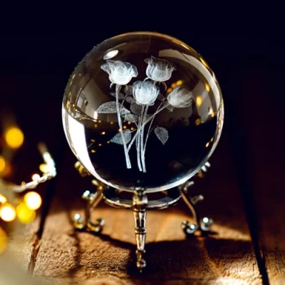 Image of HDCRYSTALGIFTS 3D Carving Rose bouquet Crystal Ball Glass Sphere Display Paperweight with Sliver Plated Flowering Stand,2.4inch(60mm)