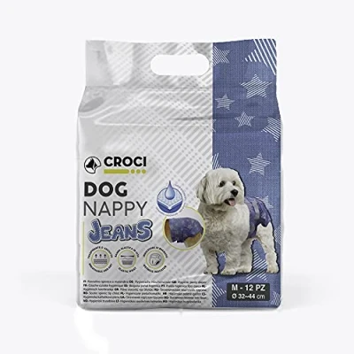Image of Croci Dog Nappy Jeans Absorbent Pants for Female Dogs, Size M Diameter 32 44 cm, Hygienic Cycle and Pipi Dog, Odour Resistant, Disposable, Adjustable Adhesive Closure, Pack of 12