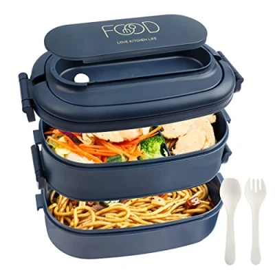 Image of OITUGG 2 Layer Lunch Box 1550ml Bento with Cutlery Set 3 Compartments for Adults Men Women, BPA Free, Microwave Safe, 19.2x11.5x12cm, Blue