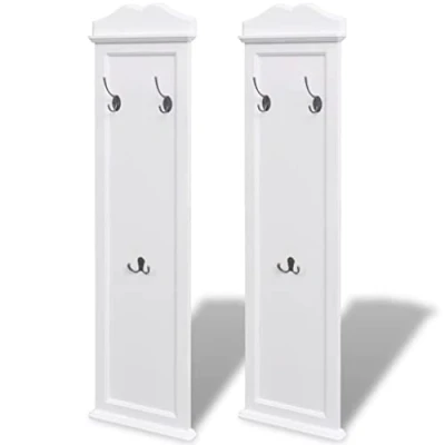 Image of vidaXL Free Standing Coat Racks 2 pcs White, Solid Fir Wood &amp; Steel Hooks, Baroque Style, Multipurpose Bedroom/Hallway/Coatroom Organiser