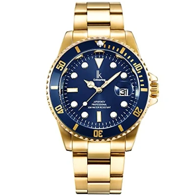 Image of Alienwork Watch Men Women Gold Stainless Steel Metal Strap Calendar Date Navy Blue Classic Elegant