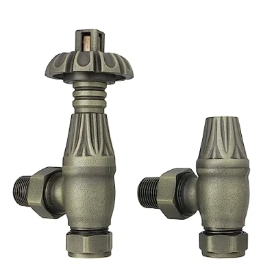 Image of NRG Traditional Antique Angled Central Heating Radiator Valve 15mm Thermostatic Lockshield Valves Brass