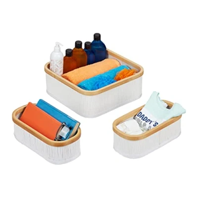 Image of Relaxdays Basket x3, Bathroom Storage in 2 Sizes, Bamboo &amp; Polyester, Decorative, Stackable, Natural, 12.5 x 33.5 cm