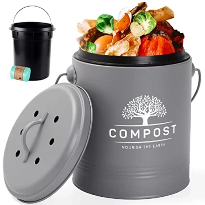 Image of PERFNIQUE Kitchen Compost Bin, 1.3 Gallon Countertop Bin with Lid, Indoor Bucket Includes Inner Liner and Carbon Filter, Small Bin（Grey Bags）Grey (With trash bags)