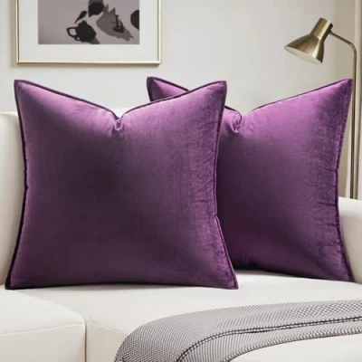 Image of MIULEE Pack of 2 Velvet Soft Decorative Square Throw Pillow Case Flanges Cushion Covers Pillowcases for Livingroom Sofa Bedroom with Invisible Zipper 45cm x 18x18 Inch Set Two Aubergine