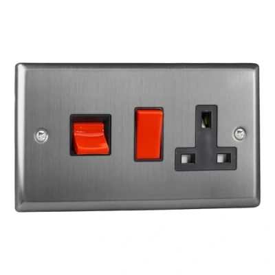 Image of Varilight 45A Cooker Panel with 13A Double Pole Switched Socket Outlet (Red Rocker) Brushed Steel