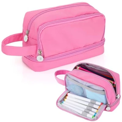Image of Alyvisun Large Capacity Pencil Case with 3 Compartments for Boys Girls, Desk Stationery Organizer Pouch Handle, Portable School Office Supplies (Pink)