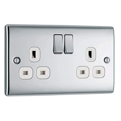 Image of BG Electrical Double Switched Power Plug Wall Socket, Nexus Metal, Polished Chrome, White Inserts,13A, NPC22W