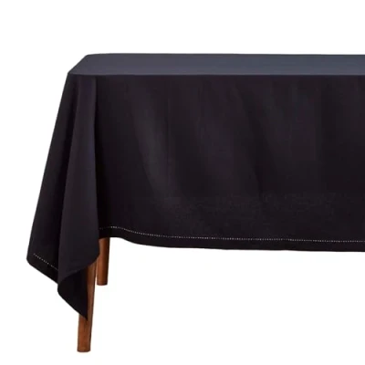 Image of HOMESCAPES Black Cotton Tablecloth 6 to 8 seater Large Rectangular 137 x 228 cm (54 90 Inches) Washable Hand Woven 100% Plain with Decorative Ladder Stitch Edge