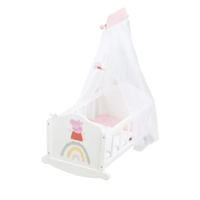 Image of roba Peppa Pig Wooden Doll Cradle Including Accessories Bed with Pillow, Blanket &amp; Canopy Design from The Cartoon Series Furniture White/Pink Lacquered