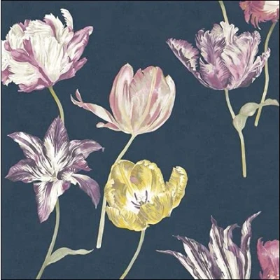 Image of Artistic Blank Greeting Card for Her from the Sanderson Collection Tulipomania Elegant Floral Print with Navy Blue Background