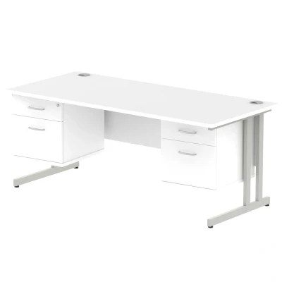 Image of Impulse 1800x800 Desk White Silver Cantilever Leg + 2x Fixed Pedestal