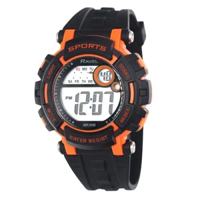 Image of Ravel Mens Round 3ATM Digital Quartz Watch with Light RDG.14.19 Black/Orange