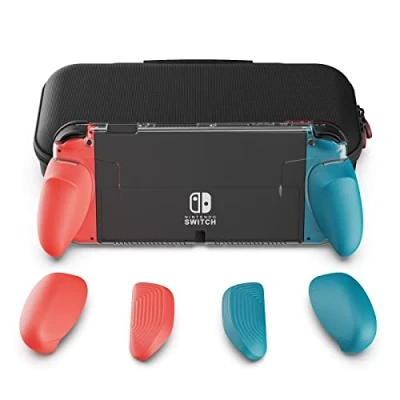 Image of Skull &amp; Co. GripCase OLED Bundle for Nintendo Switch Model: A Dockable Transparent Protective Case with Interchangeable Grips [to fit All Hands Sizes] [with Carrying Case] Neon Blue+Neon Red