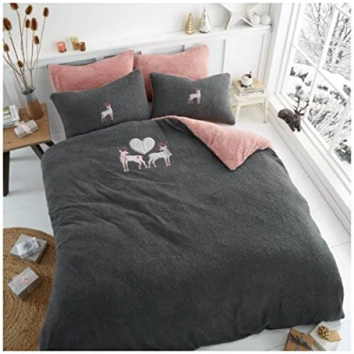 Image of GC GAVENO CAVAILIA Fluffy Fur Fleece Teddy Embroidery Duvet Cover, Soft Snuggle Thermal Quilt Reversible Bedding Set, King, Love Stag Grey
