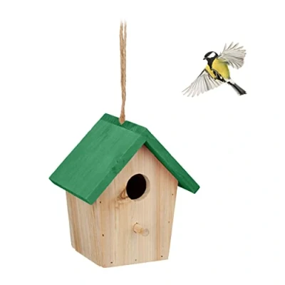 Image of Relaxdays Decorative Birdhouse, Wood, Hanging Bird Box, 16 x 15 11 cm, Nest, Garden, Patio &amp; Balcony, Natural/Green