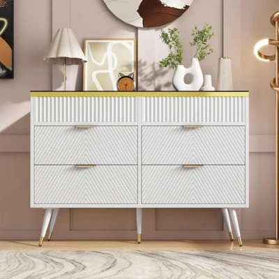 Image of ModernLuxe Sideboard Storage Cabinet with 6 Drawers, Living Room Cabinets Metal Curved Handles, Unique Vintage Texture, Compartmentalised Storage, Amber Glass Chest of White, 120x40x76cm
