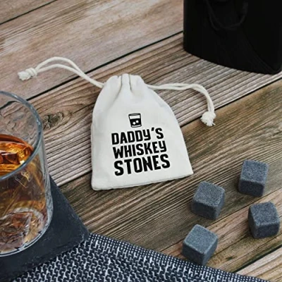 Image of eBuyGB Daddy&#039;s Whiskey Stones with Cotton Drawstring Bag &amp; 4 Soapstone Reusable Ice Cubes Father&#039;s Day, Birthday Gift for Him, Dad