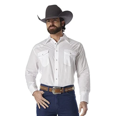 Image of Wrangler Men&#039;s Sport Western Basic Two Pocket Long Sleeve Snap Shirt Shirt, White, XL
