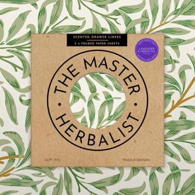 Image of The Master Herbalist Fragrant LAVENDER &amp; NEEM OIL Scented Drawer Liners in a WILLIAM MORRIS Design (FOLDED) Natural ANTI MOTH Repellent Pack of 5 Sheets Contains Essential Oils