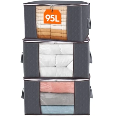 Image of Lifewit 90L Clothes Storage Bags Large Box With Lid Packing Boxes for Moving House Reinforced Handle Thick Fabric Clear Window Duvet Blankets Bedding, 3 Pack, Grey