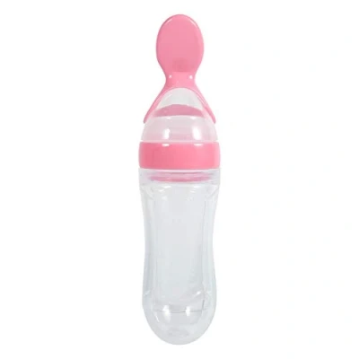 Image of Baby Feeder Bottle,90mL Silicone Toddler Feeding Bottle with Spoon and Hygienic Cover, Squeeze Style Cereal Rice Fruit Dispenser for Infant Newborn