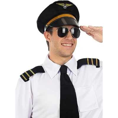 Image of Funidelia Pilots Hat for man Plane, Funny, Professions accessories adults, costume Dark blue