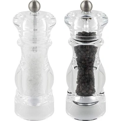 Image of Grunwerg SP 6620AC 6610AC Gmill 2 Piece Acrylic Salt and Pepper Mill Set with Ceramic Adjustable Grinder, Traditional Design, 17cm, Clear, Transparent