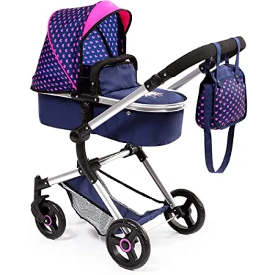 Image of Bayer Design 18454AA Neo Vario doll&#039;s pram with changing bag and shopping basket, convertible into a sports car, height adjustable, modern, blue unicorn heart pattern