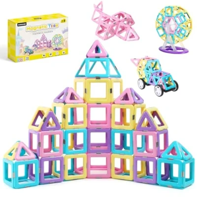 Image of ECHOCUBE Magnetic Building Blocks, 70 PCS Construction Tiles Set for Kids, Educational Magnet Toys Christmas Birthday Gift 3+ Years Old Boys and Girls