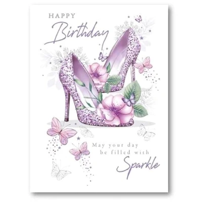 Image of Noel Tatt General Female Birthday Card for Women/Girls Purple Stiletto Shoes, Flowers &amp; Butterflies Embossed with Foil Details Eco Friendly Recyclable