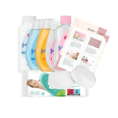 Image of Johnson&#039;s Baby Bath Bundle Johnsons 300ml, Shampoo Oil 200ml, Powder 200g, Lotion 300ml and 52x Pampers Wipes