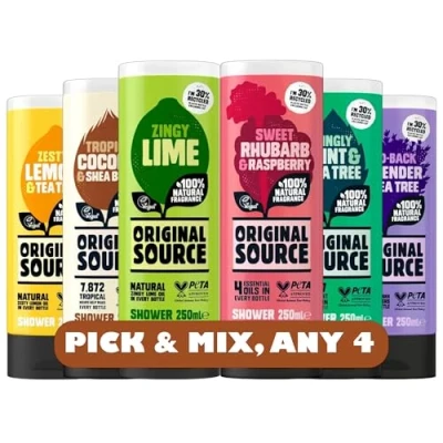 Image of Original Source Shower Gel Bundle 250ml Choose Any 4 Scents, Vegan Friendly, 100% Natural Fragrance, PETA Approved x