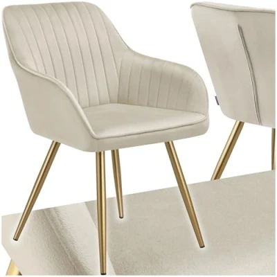 Image of TecTake® Dining Chair with Velvet Look Cover &amp; Quilted Pattern, Armchair Continuous Backrest, Gold Steel Legs Soft Padding, Ideal as Room, Kitchen, Bedroom Desk Cream/Gold