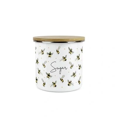 Image of Purely Home Scattered Bees Sugar Canister White Metal Enamel Kitchen Medium Sized Food Storage Container