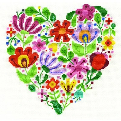Image of DMC Flower Heart Kit, Includes Embroidery Thread, Needle, Aida Fabric and Instructions
