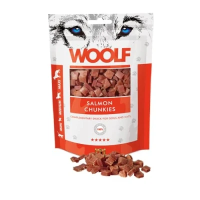 Image of WOOLF Chunkies Complimentary Snacks for Dogs. Dog Treats with Natural Ingredients and High Meat Content, Balanced Nutrition, Free from Artificial Additives. Suitable Puppies (Salmon, 100g)