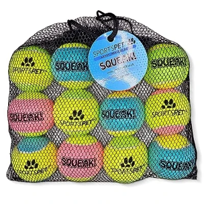 Image of SPORTSPET Tennis Balls for Dogs Extra Bouncy Non Toxic Durable Long Lasting Floats (Squeak (12 Pack) (64mm)) P/T/A