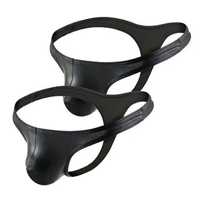 Image of Billtop Men&#039;s Sexy Faux Leather Thong Bikini Briefs, 2 pack Black, L