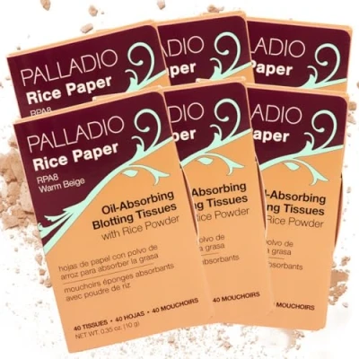 Image of Palladio Rice Paper Facial Tissues for Oily Skin, Face Blotting Sheets Made from Natural Rice, Oil Absorbing with Powder, 2 Sided, Instant Results, Warm Beige, 40 Count, Pack of 3
