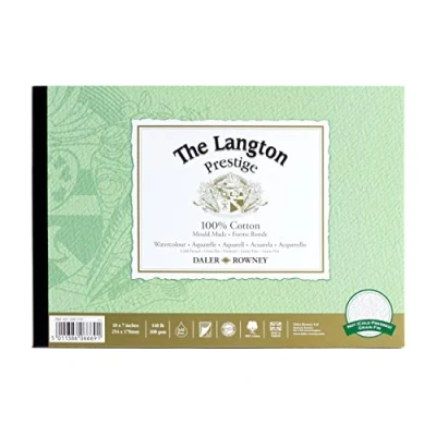 Image of Daler Rowney The Langton Prestige Cold Pressed Watercolour &amp; Gouache 300gsm 10 x 7in Natural White Paper Pad, Glued 1 Side, 12 Sheets, Ideal for Professional Artists