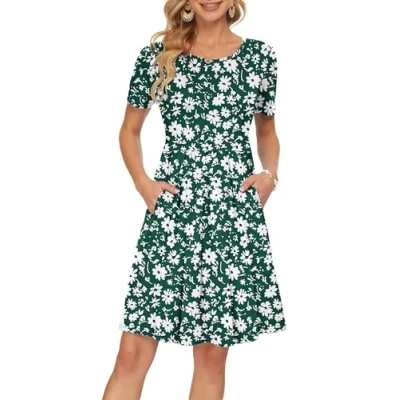 Image of AUSELILY Womens Summer Dress Casual Bodycon Short Sleeve Pleated Loose Swing with Pockets Knee Length Green Flowers 2XL