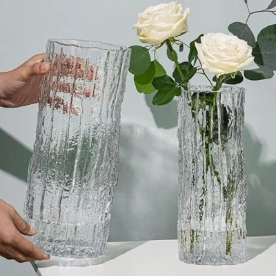 Image of QEEYON Glass Vase Handmade Clear Cylinder Posy 30cm Tall Crystal Flower for Flowers Floral Arrangement Centerpieces Living Room, Kitchen, Office, Wedding (30 x 10cm)