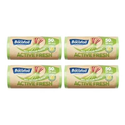 Image of Bacofoil Active Fresh 50L Bin Liners 40 Recycled Bags (4 Rolls) Leak Proof Design, Citrus Fragrance Odour Prevention, Eco Friendly Waste Disposal