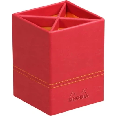 Image of RHODIA 318913C Poppy Pencil Pot 8x8x11 cm Orange Sellier Stitching Faux Leather Exterior Rhodiarama Home Office Collection Organization &amp; Design Storage