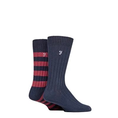 Image of Mens 2 Pair Farah Bamboo Boot Socks Navy / Berry 6 11
