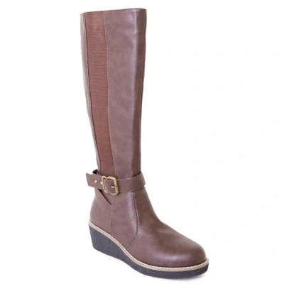 Image of Where&#039;s That From Womens &#039;Ayleen&#039; Wedge Heel Knee High Boots With Elastic Panel In Brown Faux Leather Size UK 5
