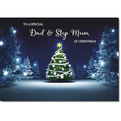 Image of doodlecards Dad &amp; Step Mum Christmas Card Tree in Dark Sky Medium Size with Plain Red Envelope, 21 x 15cm