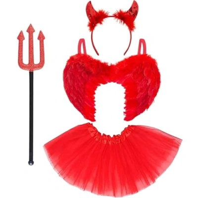 Image of 4pc Red Devil Costume Womens Halloween Wings Horns Fork Tutu Outfit Ladies Women Accessories Fallen Angel