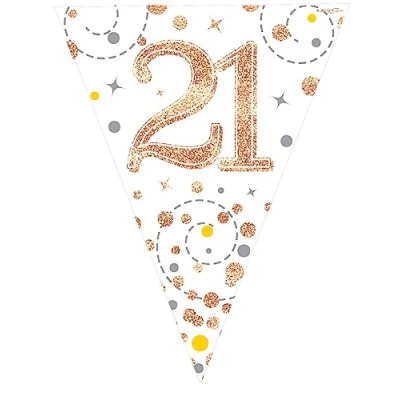 Image of Party Bunting Sparkling Fizz 21 White &amp; Rose Gold Holographic 11 flags 3.9m